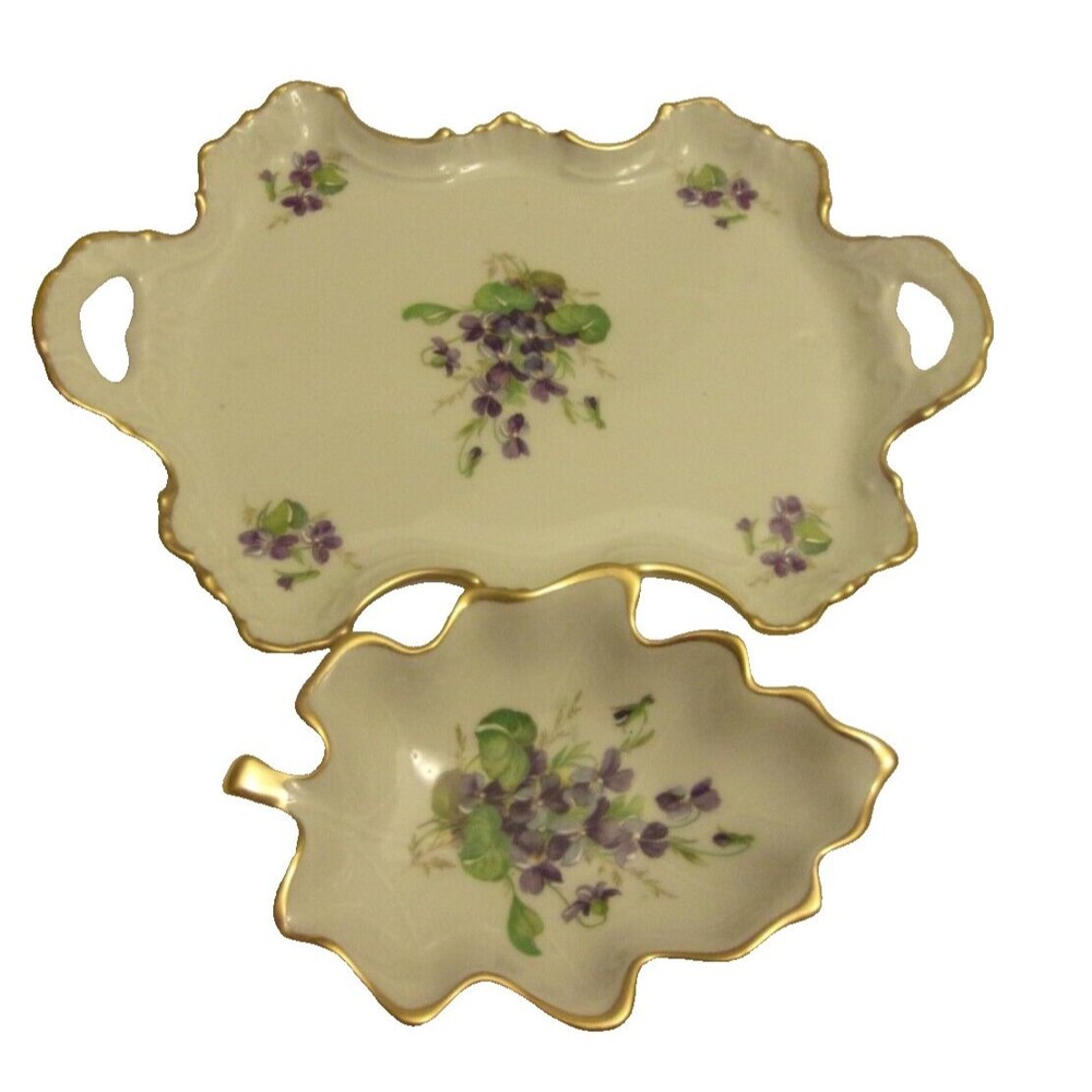 Charmart Limoges France Tray & Leaf Dish Porcelain Floral Flowers Hand Painted V
